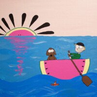 Whimsical cartoon painting of a smiling blonde boy in a black cap and green shirt rowing a large pink watermelon-slice boat with a brown paddle across bright blue wavy water, with a small brown dog in the boat and a smiling watermelon sun in a pink sky.